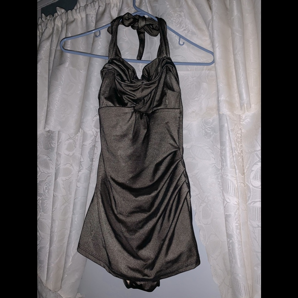 Pinup Girl Clothing/PUG Dixiefried Retro Halter Glamour Swimsuit in Black Mesh